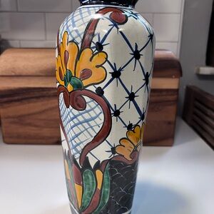 Hand-Painted Talavera Floral Ceramic Vase in White, Yellow, Green, Blue